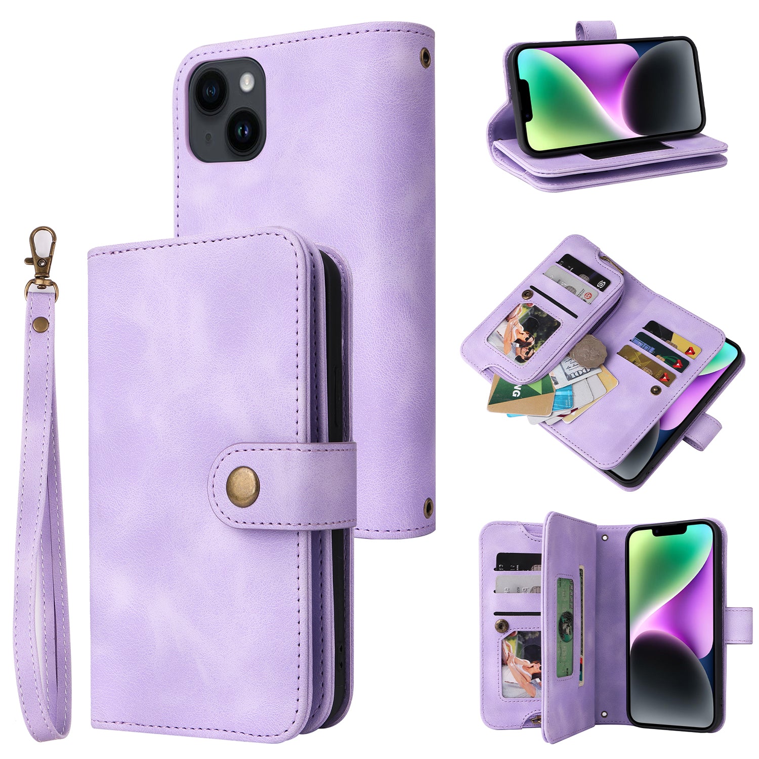 Lynlåslomme Telefon Læder Taske til iPhone 14 Stand Wallet Multifunktionelt telefoncover med stropper Lynlåslomme Telefon Læder Taske til iPhone 14 Stand Wallet Multifunktionelt telefoncover med stropper